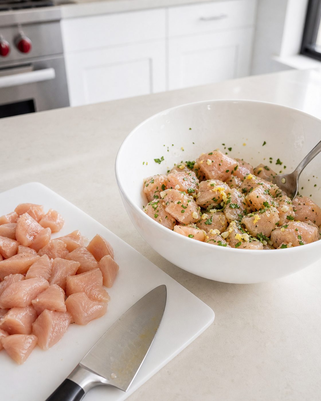 Schritt 1: Das Hähnchen würfeln und mit Zitronenabrieb und Kräutern marinieren.