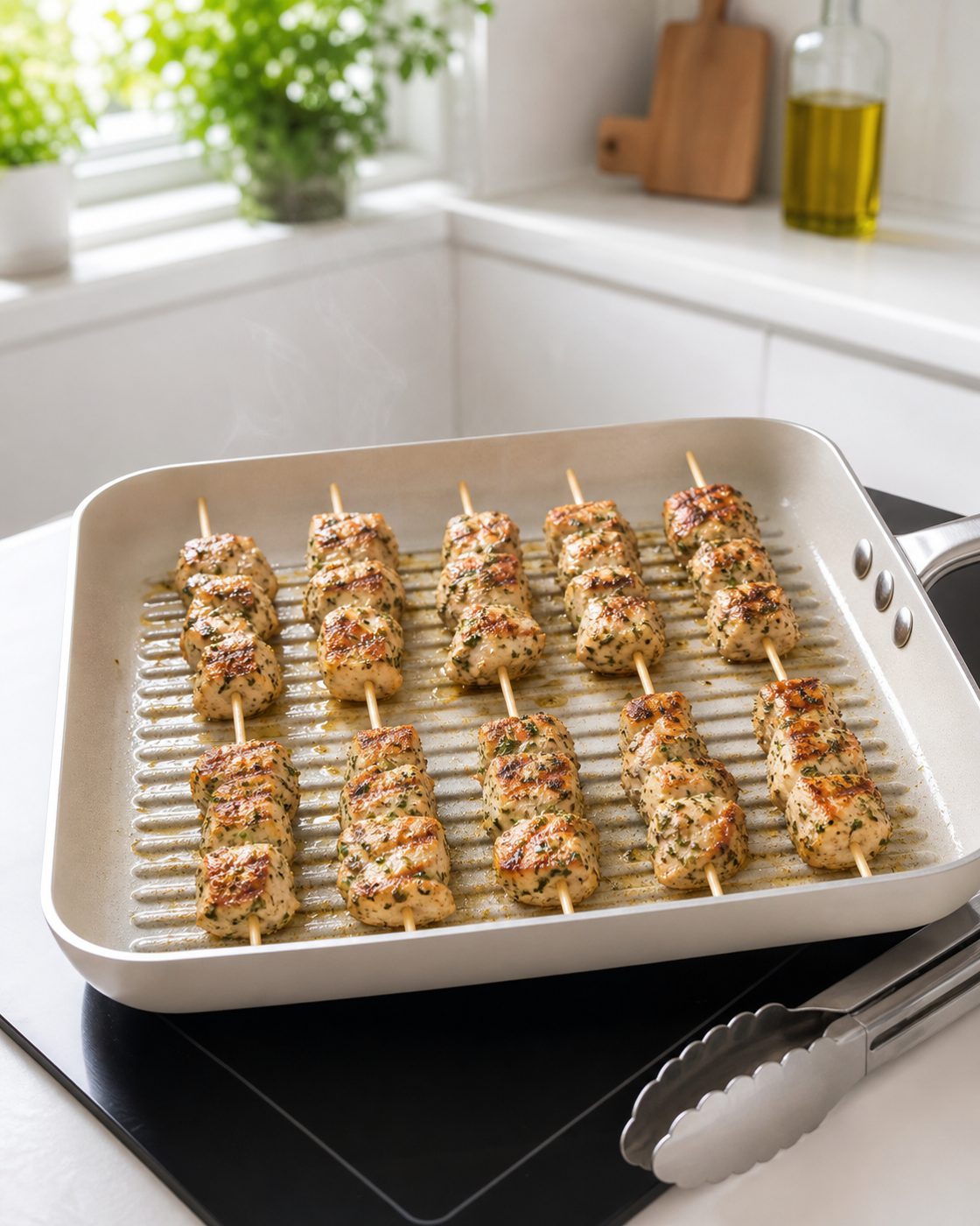 Schritt 2: Die Zitronen-Kräuter-Hähnchenspieße rundherum braten.