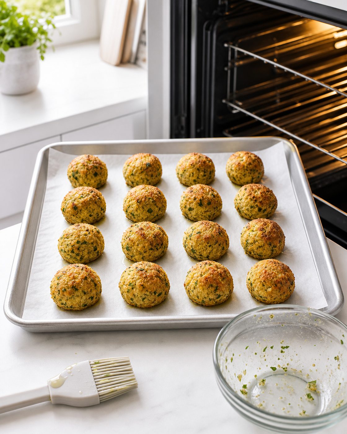 Schritt 2: Aus der Masse sechzehn Falafel formen, mit Öl bestreichen und auf dem Blech backen.