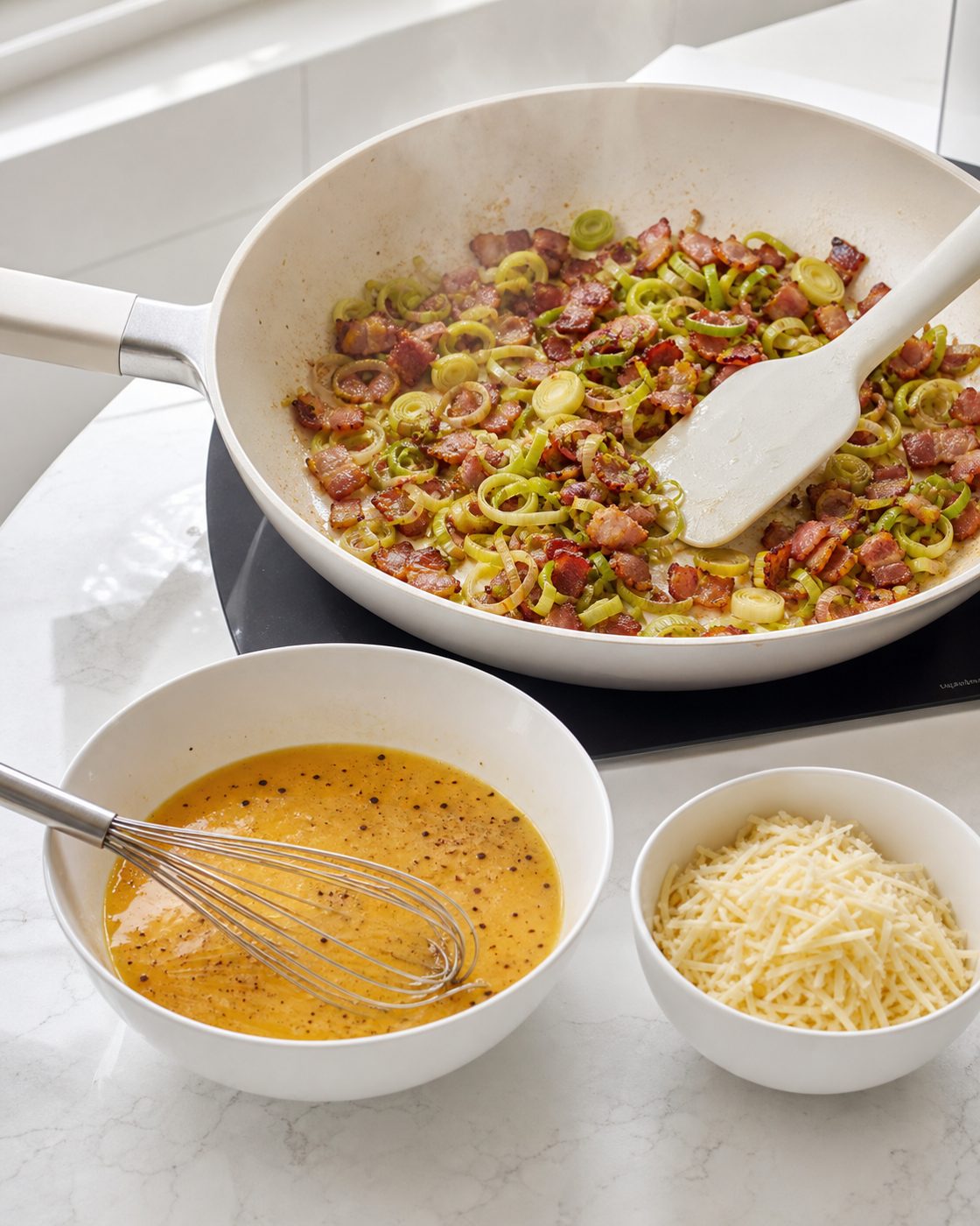 Schritt 1: Bacon und Lauch in der Pfanne anbraten und währenddessen die Eiermasse verquirlen.
