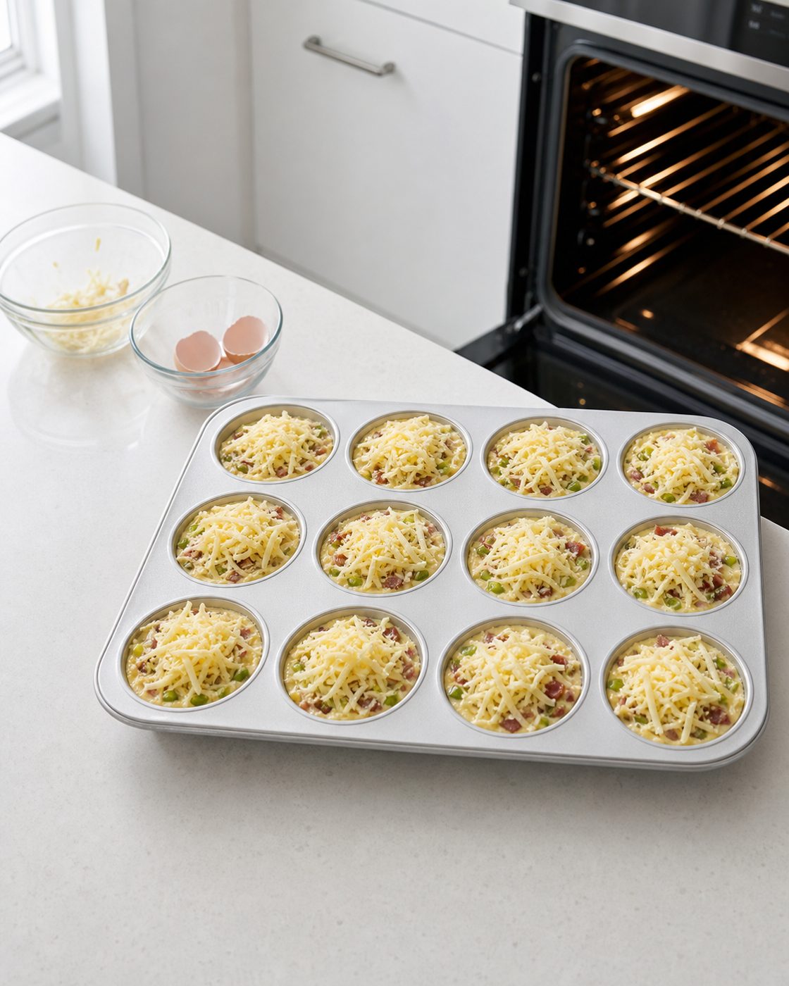 Schritt 2: Zwölf Muffinmulden füllen und großzügig mit Gruyère bestreuen.