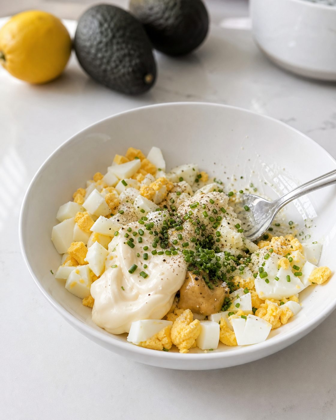 Schritt 1: Die vier gehackten Eier mit Mayonnaise, Senf und Schnittlauch zu einem Salat mischen.
