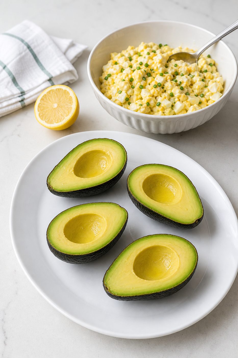 Schritt 2: Vier Avocadohälften auslösen und mit Zitronensaft beträufeln.