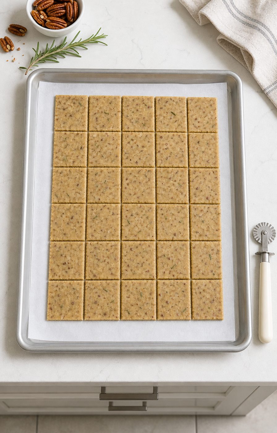 Schritt 2: Den dünn ausgerollten Teig auf dem Blech in dreißig Cracker schneiden.