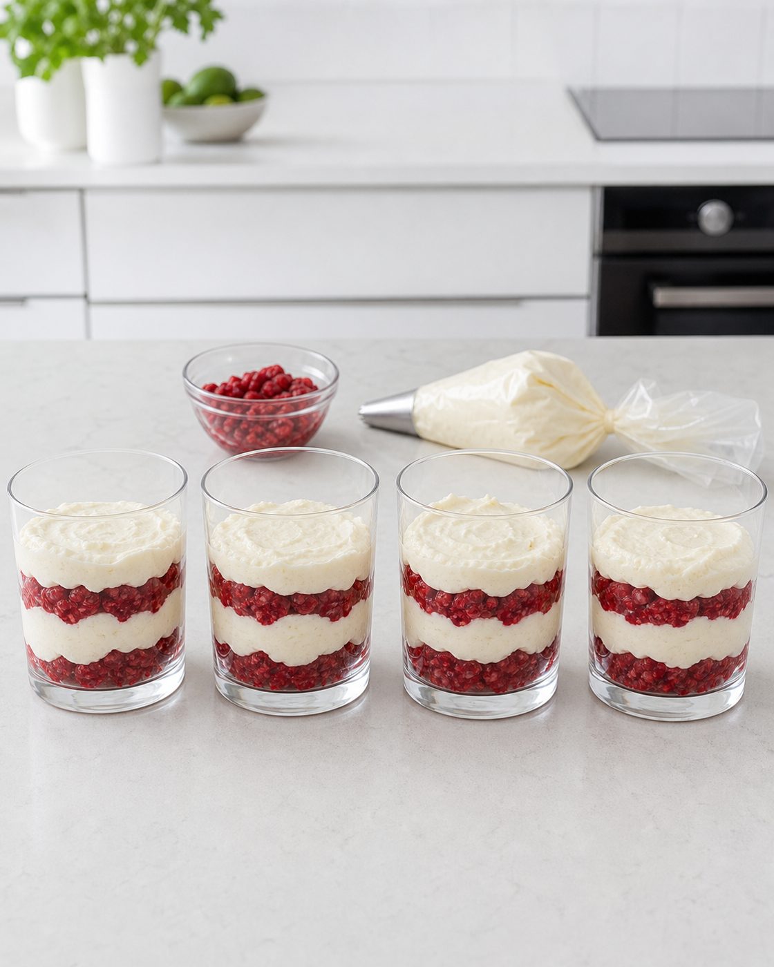 Schritt 2: Creme und zerdrückte Himbeeren abwechselnd in vier Gläser schichten.