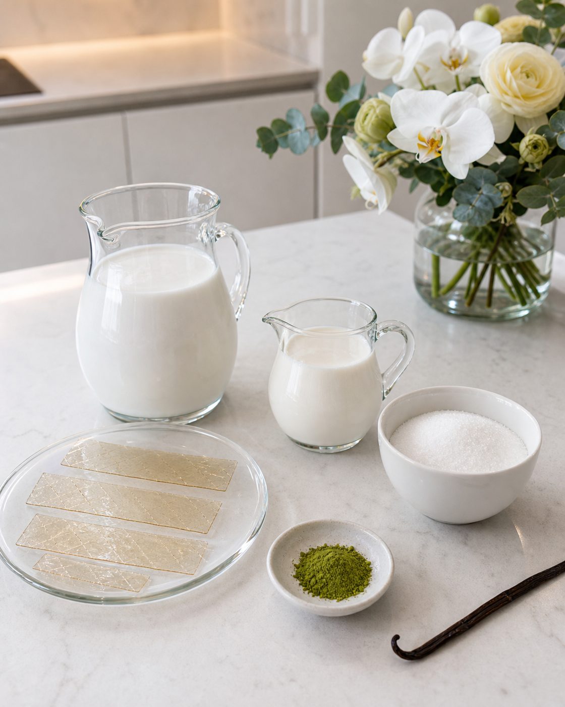 Zutaten für Matcha-Kokos-Panna-cotta