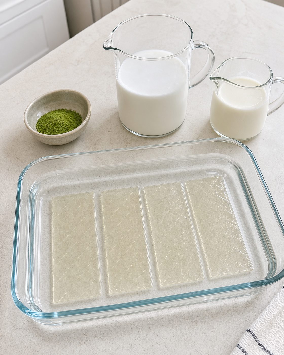 Schritt 1: Die vier Gelatineblätter in kaltem Wasser einweichen.