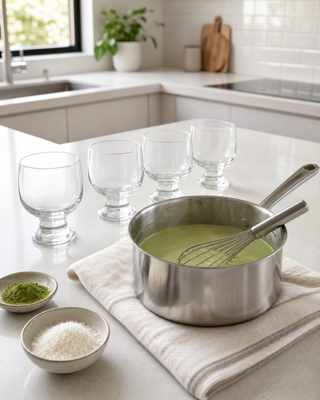 Schritt 2: Kokosmilch, Sahne, Matcha und Erythrit zusammen erhitzen.