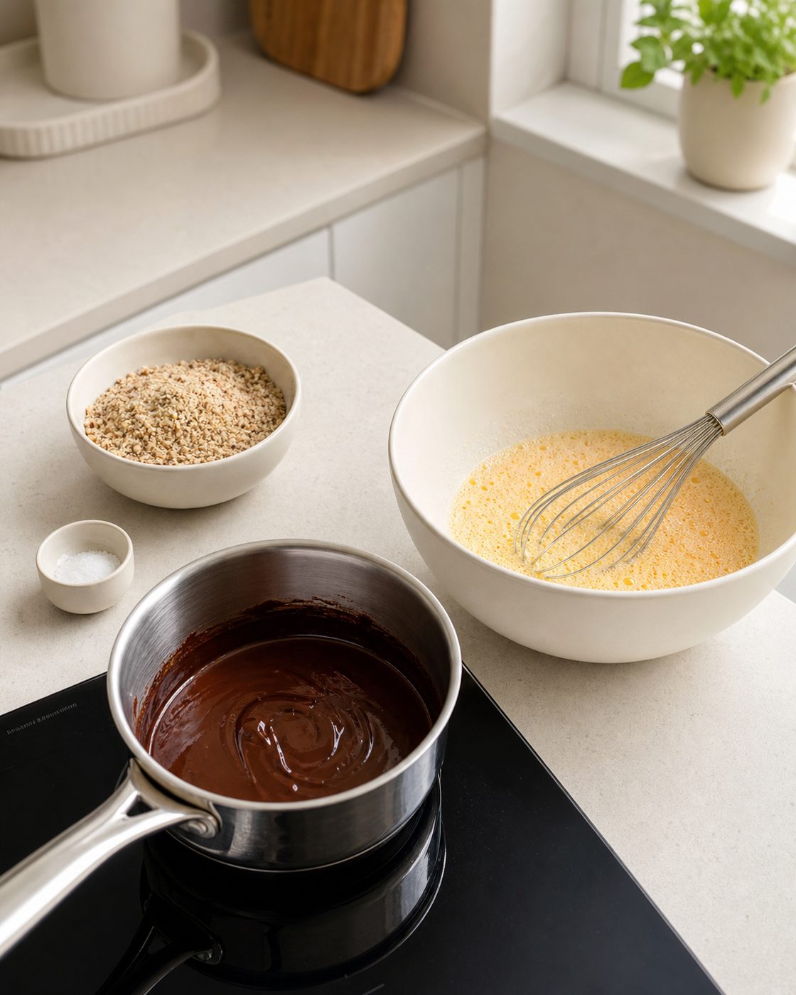 Schritt 1: Schokolade und Butter schmelzen und die Eier mit Erythrit hell aufschlagen.