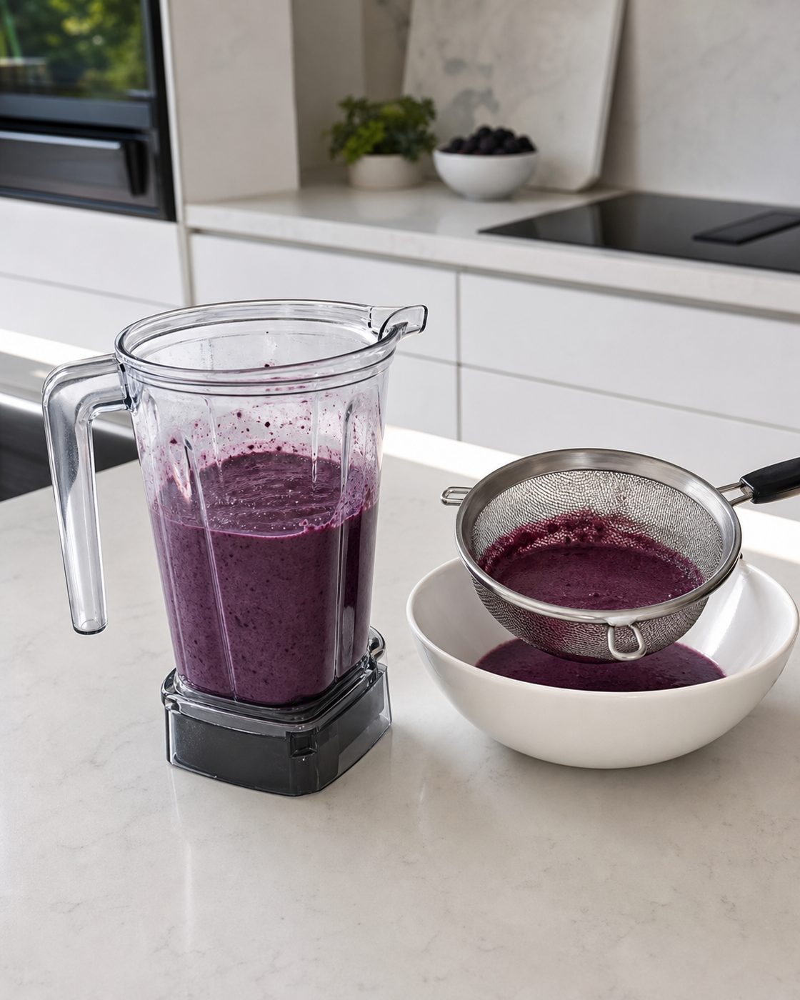 Schritt 1: Brombeeren, Sahne, Mandelmilch und Mandelmus fein pürieren.
