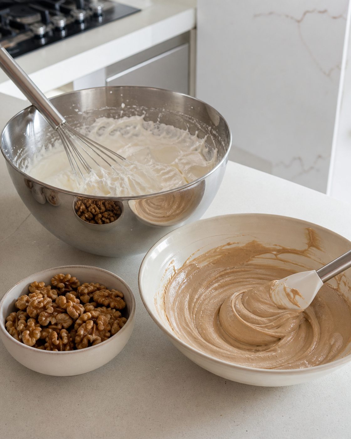 Schritt 1: Ich rühre die geschlagene Sahne unter die Mascarpone-Espresso-Creme, bis alles gleichmäßig hell und luftig ist.
