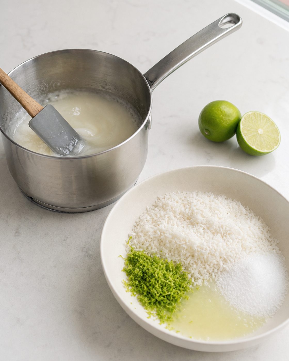 Schritt 1: Ich mische das erwärmte Kokosmus mit Limettenabrieb, Limettensaft, Erythrit und der Hälfte der Kokosraspeln.