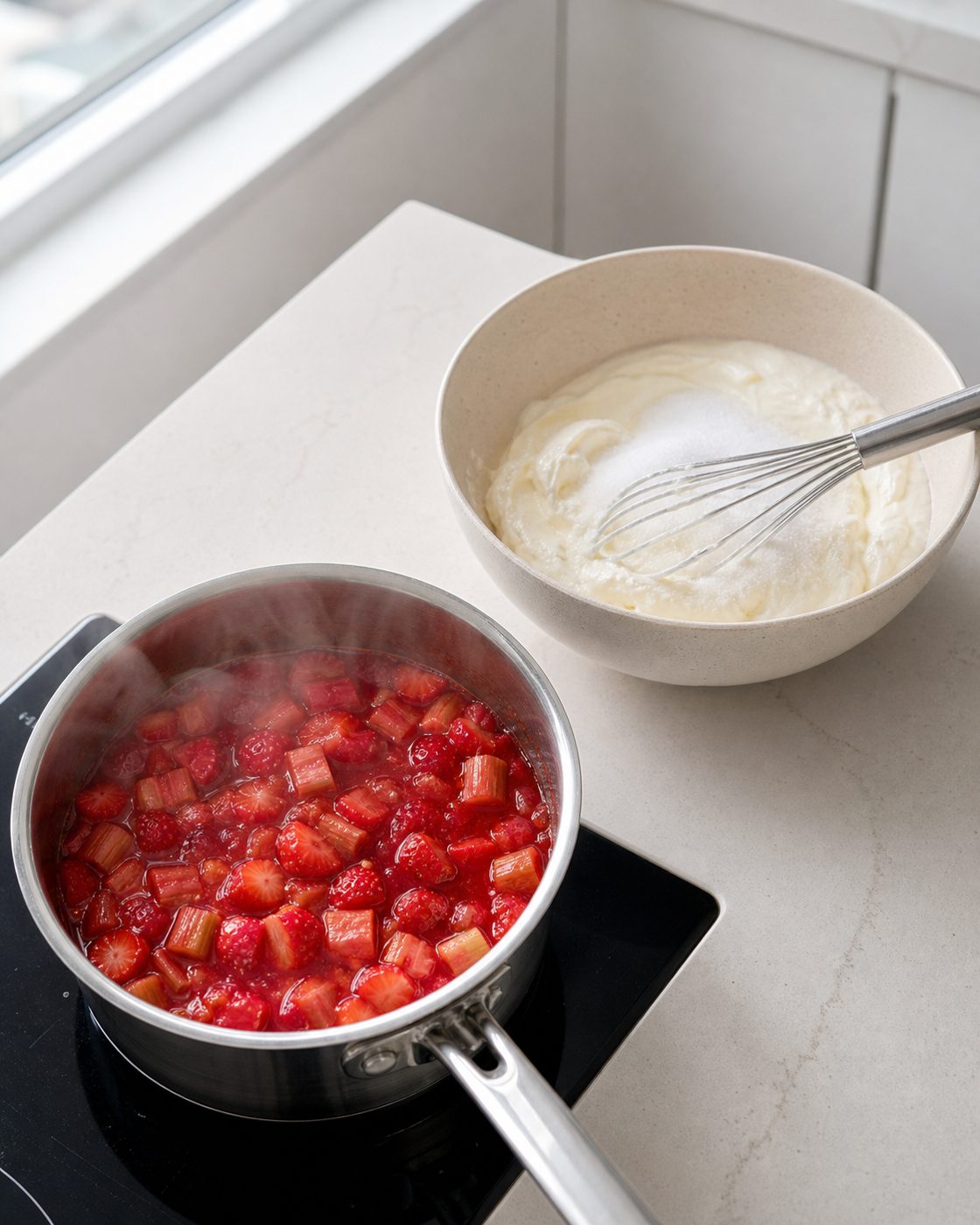 Schritt 1: Ich koche Rhabarber und Erdbeeren zu Kompott und rühre daneben die Creme aus Mascarpone und Joghurt an.