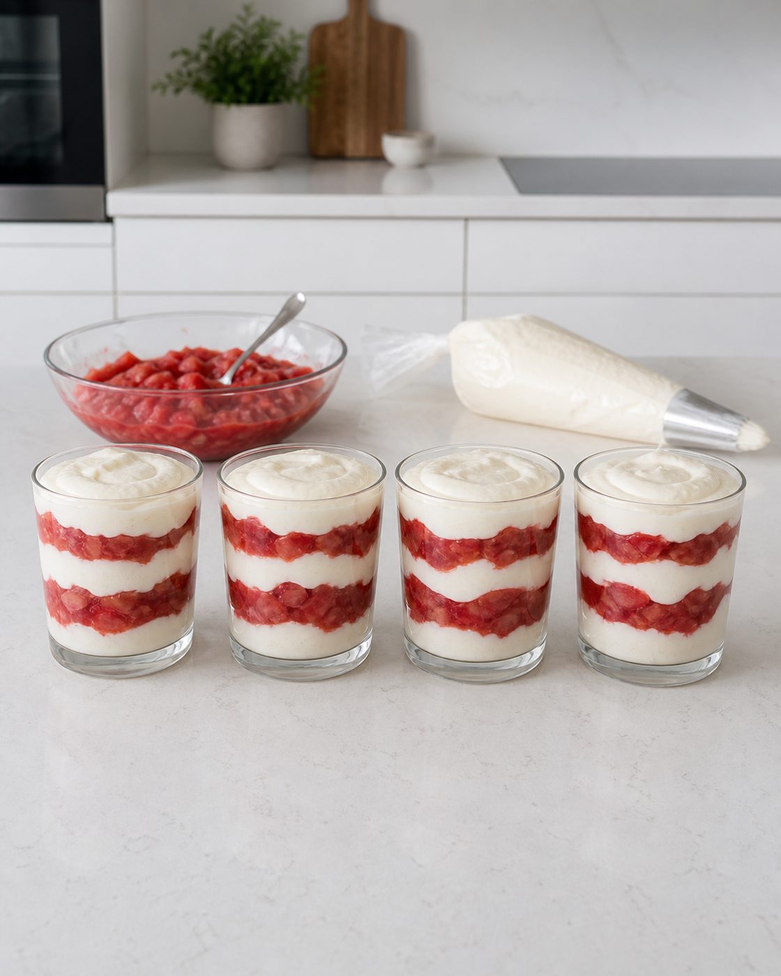 Schritt 2: Dann schichte ich Kompott und Creme abwechselnd in vier Gläser.