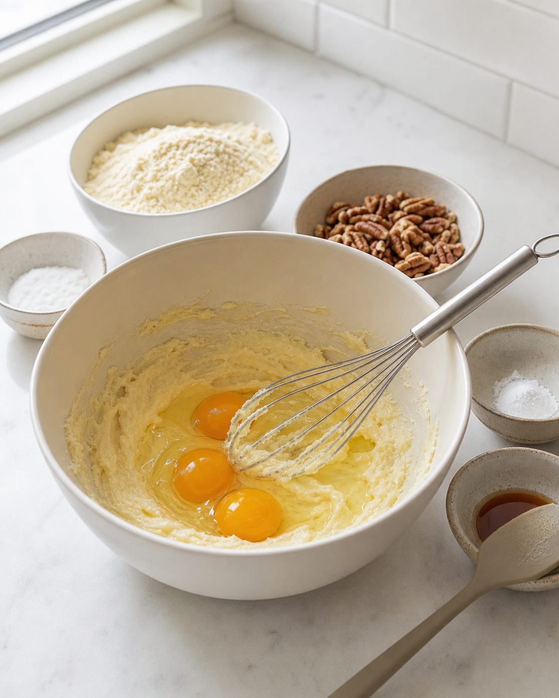 Schritt 1: Ich verrühre die weiche Butter mit Erythrit und arbeite nacheinander die drei Eier ein.