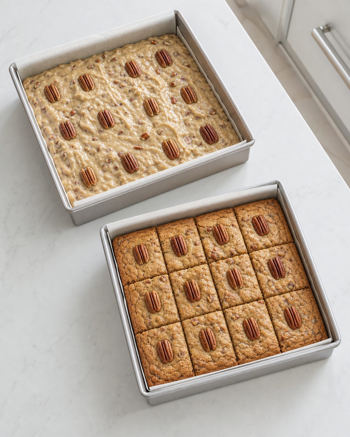 Schritt 2: Der Pekanteig kommt in die Form, wird gebacken und nach dem Auskühlen in zwölf Stücke geteilt.