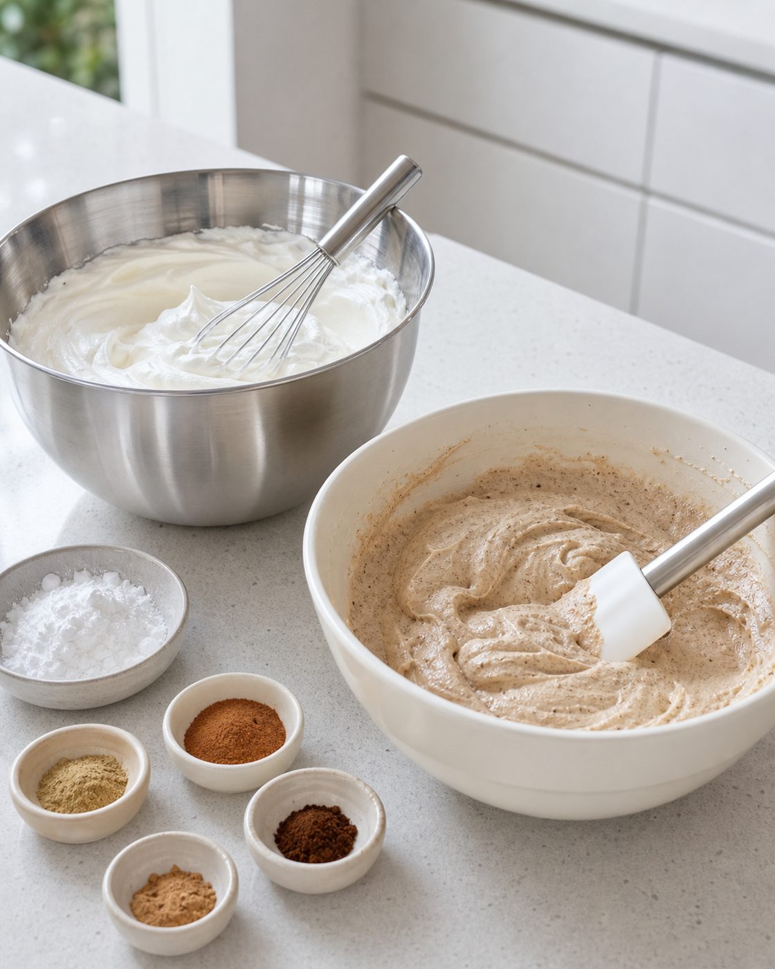 Schritt 1: Ich schlage die Sahne steif und rühre die Mascarpone mit Erythrit und den Chai-Gewürzen cremig.