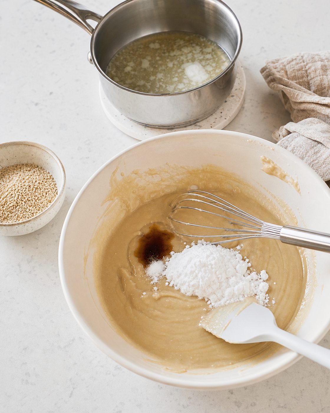 Schritt 1: Ich rühre das geschmolzene Kokosöl mit Tahini, Erythrit und Vanille zu einer glatten Masse.