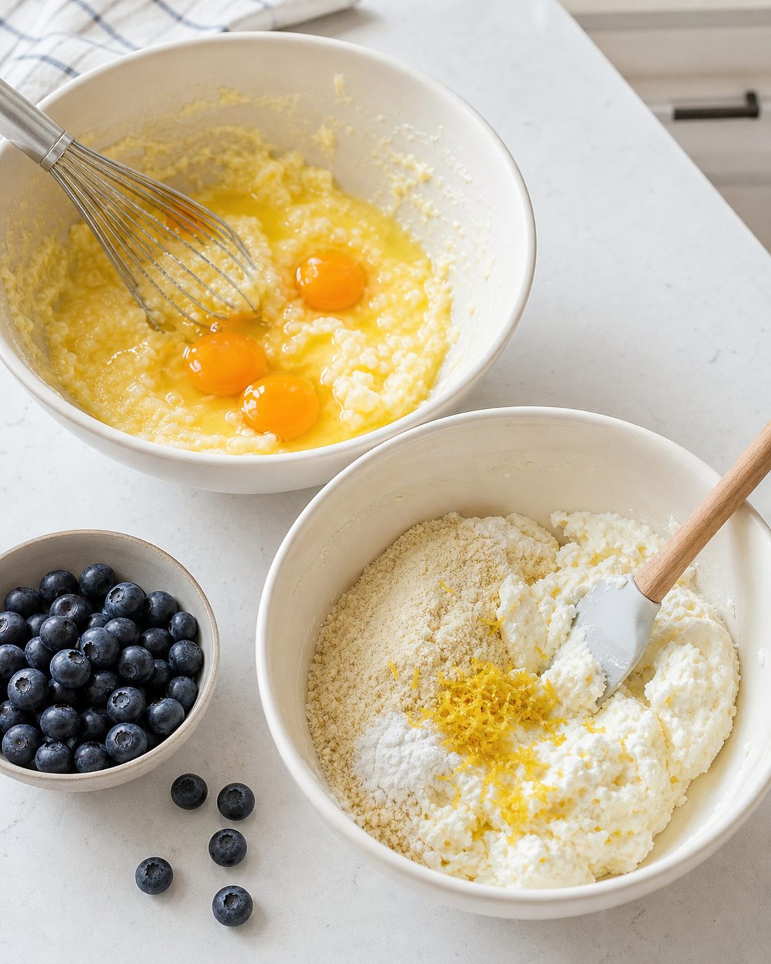 Schritt 1: Ich verrühre die drei Eier mit dem Ricotta-Mandel-Teig zu einer glatten Masse.