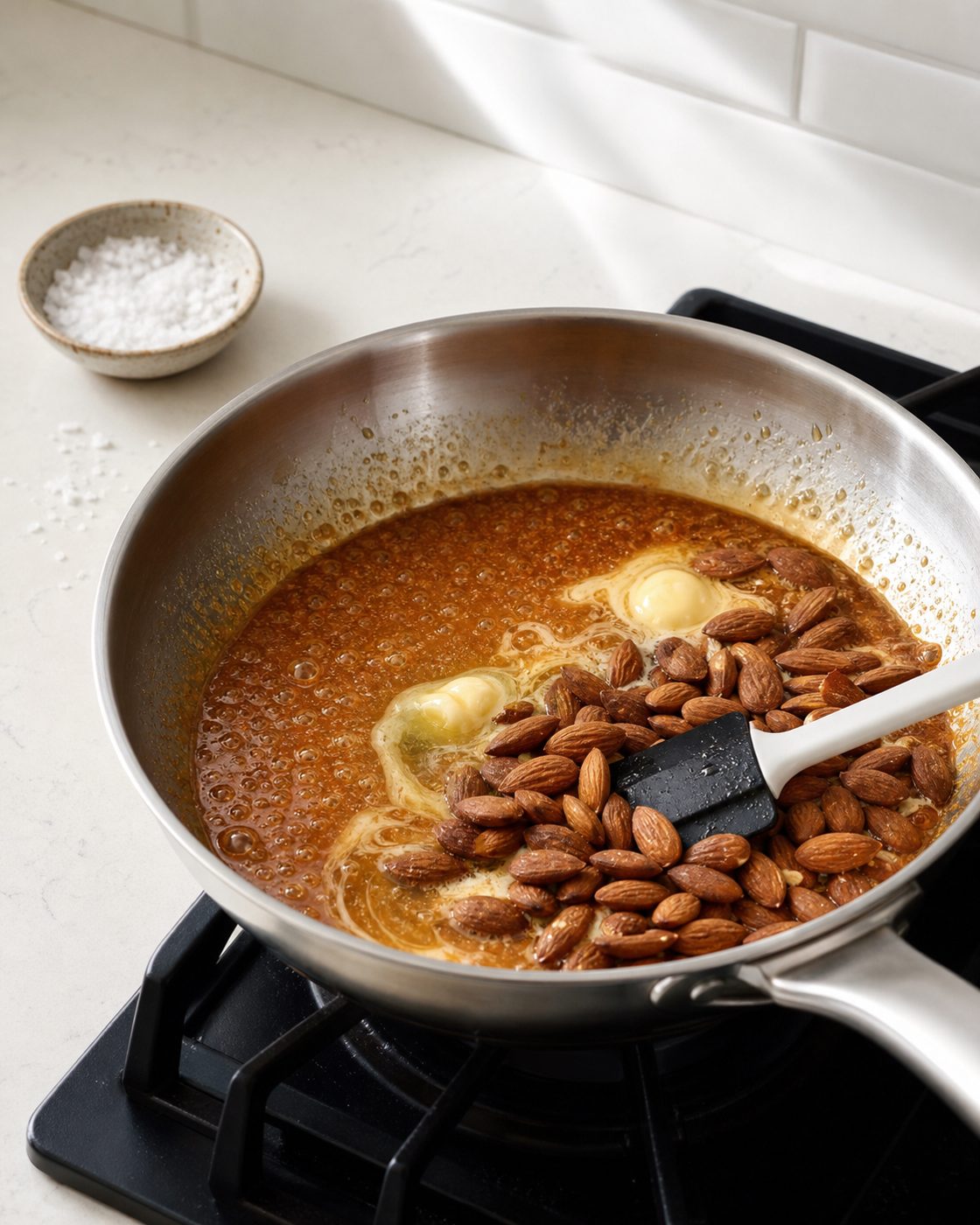 Schritt 1: Ich karamellisiere die Allulose mit Butter und Vanille und gebe die Mandeln dazu.