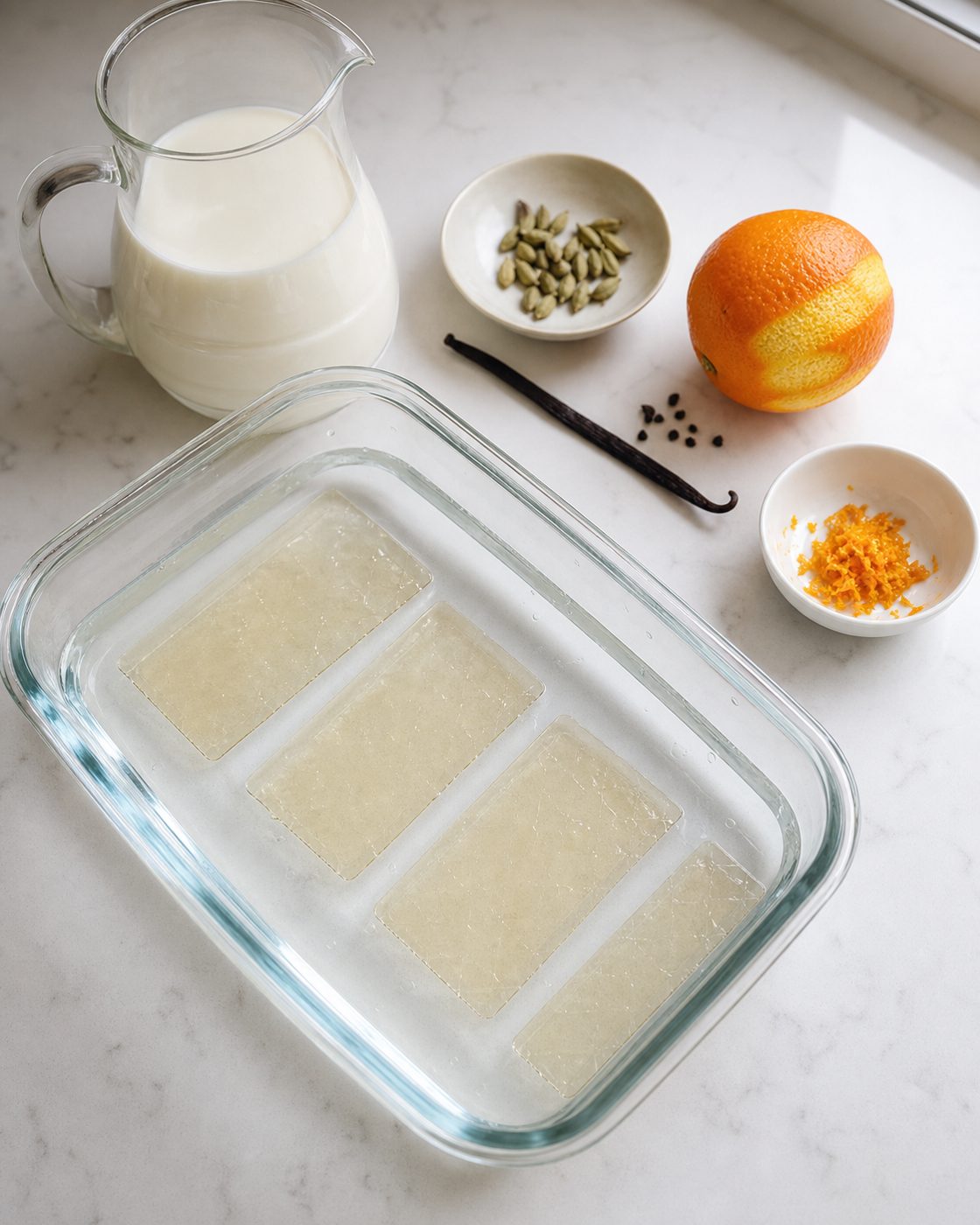 Schritt 1: Ich weiche die vier Gelatineblätter in kaltem Wasser ein.