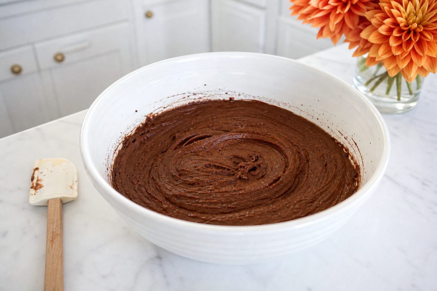 Schritt 1: Alle Zutaten in einer Schüssel zu einem glatten, dunklen Brownieteig verrühren.