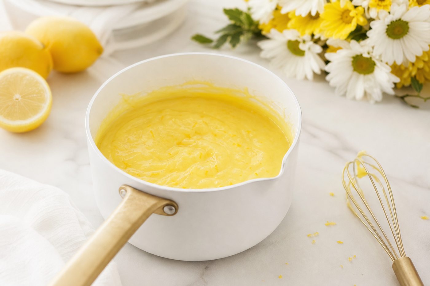 Schritt 2: Die Zitronencreme im Topf bei kleiner Hitze sanft andicken lassen.