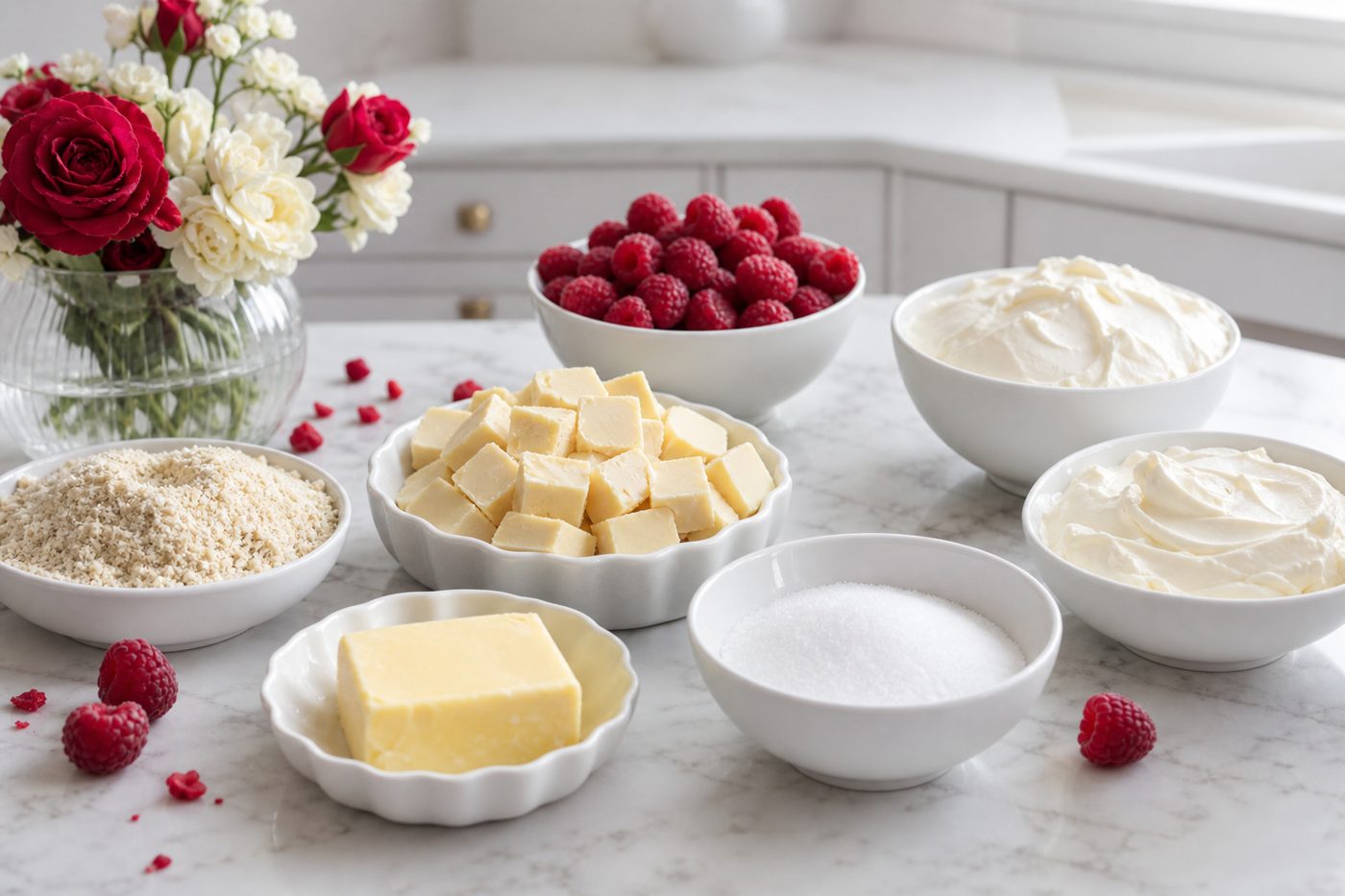 Zutaten für Himbeer-Weiße-Schokolade-Kühlschrankkuchen