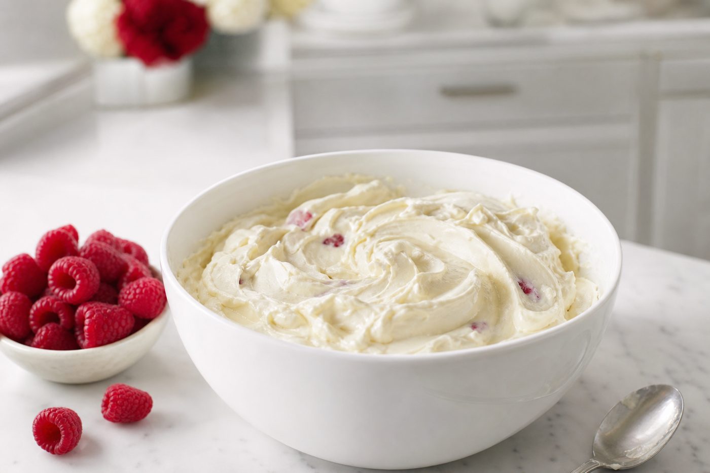 Schritt 2: Die geschmolzene weiße Schokolade mit dem Frischkäse zu einer glatten Creme anrühren.