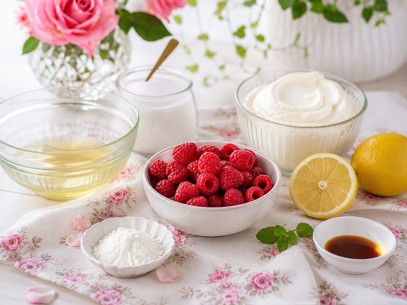 Zutaten für Pavlova mit warmen Himbeeren