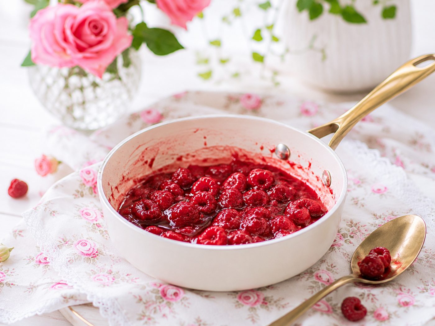 Schritt 3: Himbeeren mit Erythrit kurz erwärmen und einige Beeren zerdrücken, bis eine Sauce entsteht.