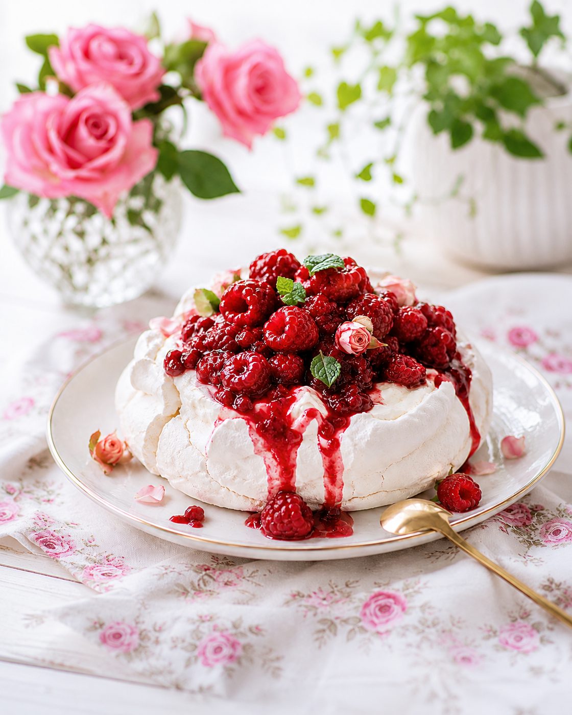 Pavlova mit warmen Himbeeren