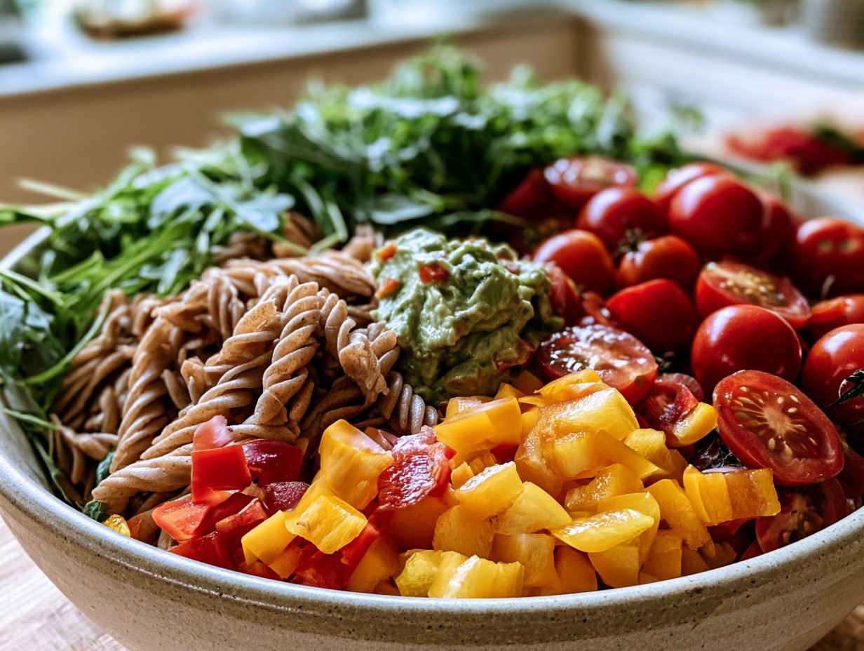Schritt 4: Pasta, Gemüse und Dressing vermengen.