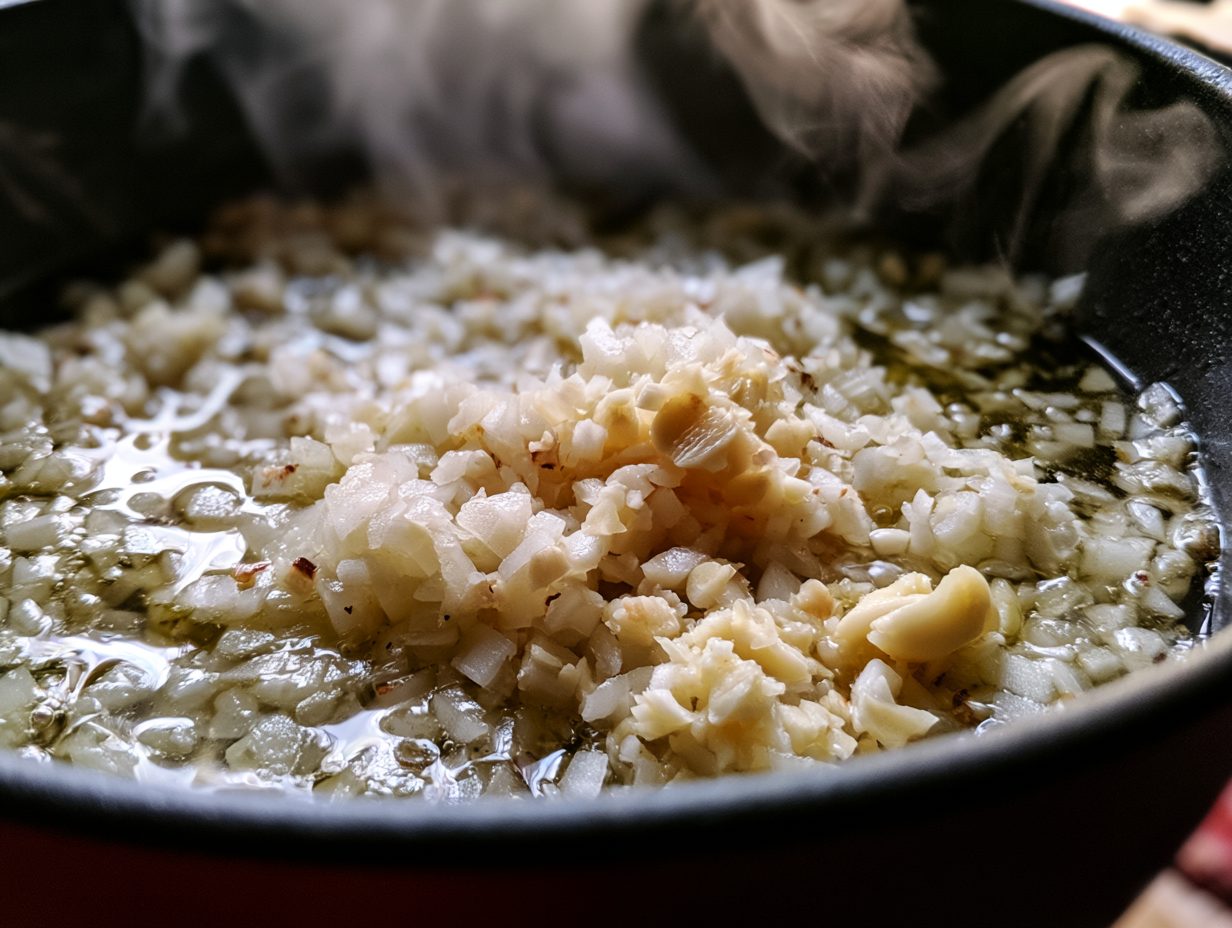 Schritt 1: Zwiebel und Knoblauch in Öl andünsten.