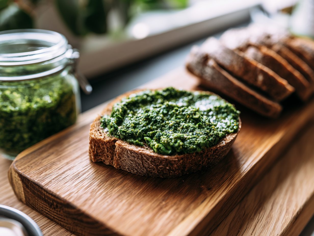 Schritt 1: Brotscheiben mit Pesto bestreichen.