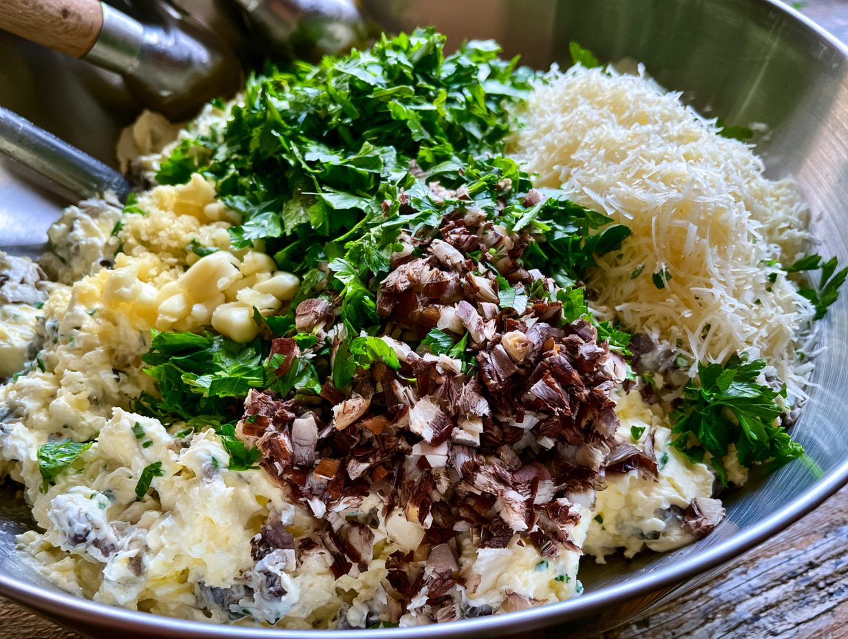 Schritt 2: Frischkäse mit Knoblauch, Kräutern und Stielen mischen.
