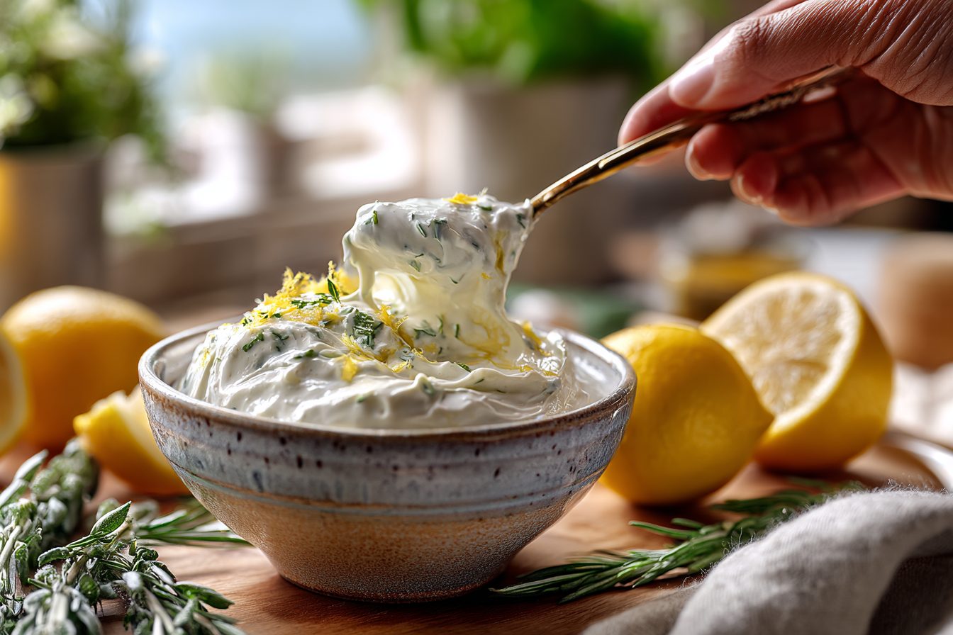 Schritt 4: Für das Dressing Joghurt mit Zitronensaft, Knoblauch, Salz und Kräutern verrühren.