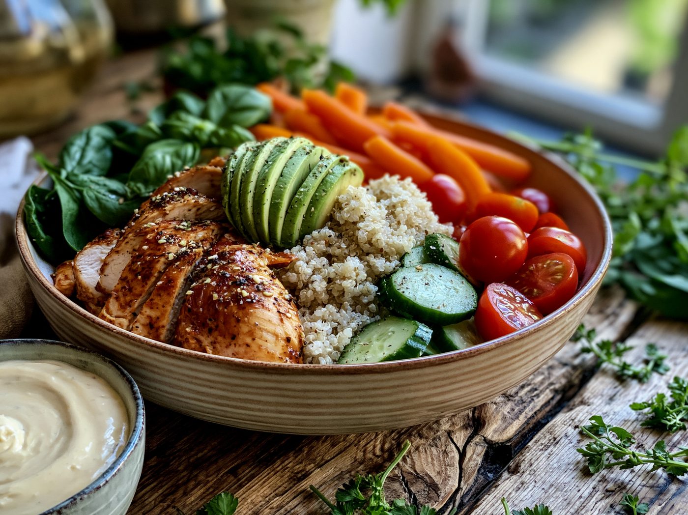 Schritt 5: Quinoa, Gemüse und Hähnchen in Schüsseln anrichten und mit dem Dressing beträufeln.
