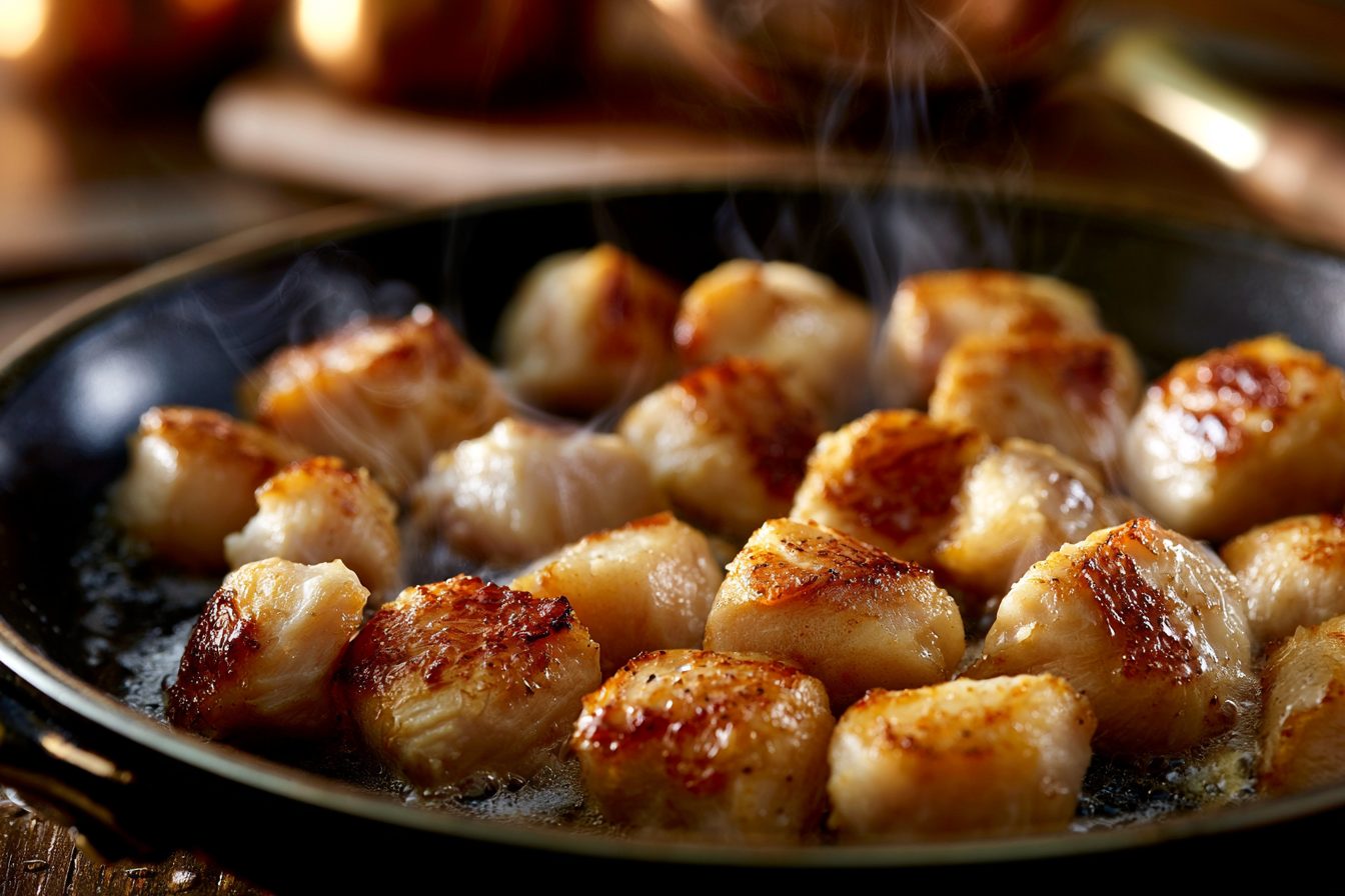 Schritt 1: Hähnchenwürfel würzen und in Kokosöl anbraten, herausnehmen.