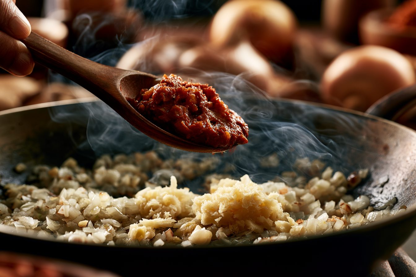 Schritt 2: Zwiebel, Knoblauch und Ingwer andünsten, Currypaste zugeben.