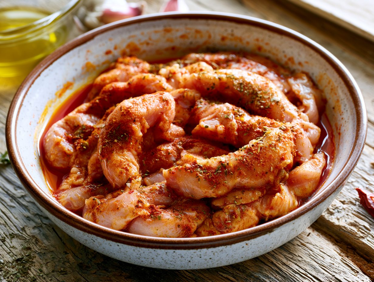 Schritt 1: Hähnchenstreifen in der Gyros-Marinade wenden.