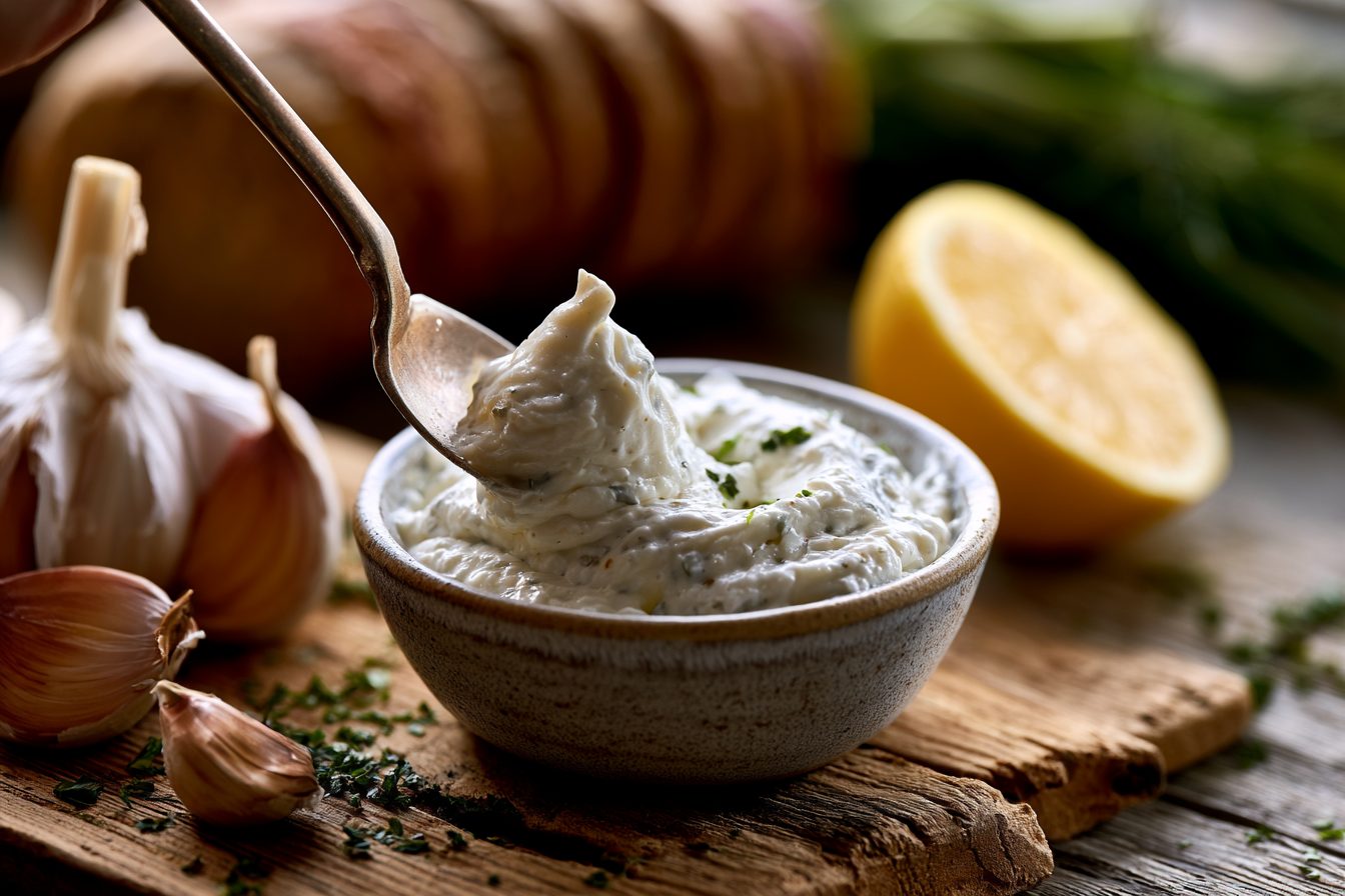Schritt 3: Skyr mit Knoblauch und Zitrone zur Sauce rühren.