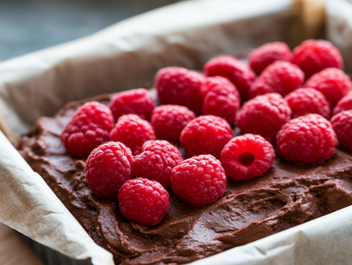 Schritt 3: Hälfte in die Form, Himbeeren gleichmäßig verteilen.