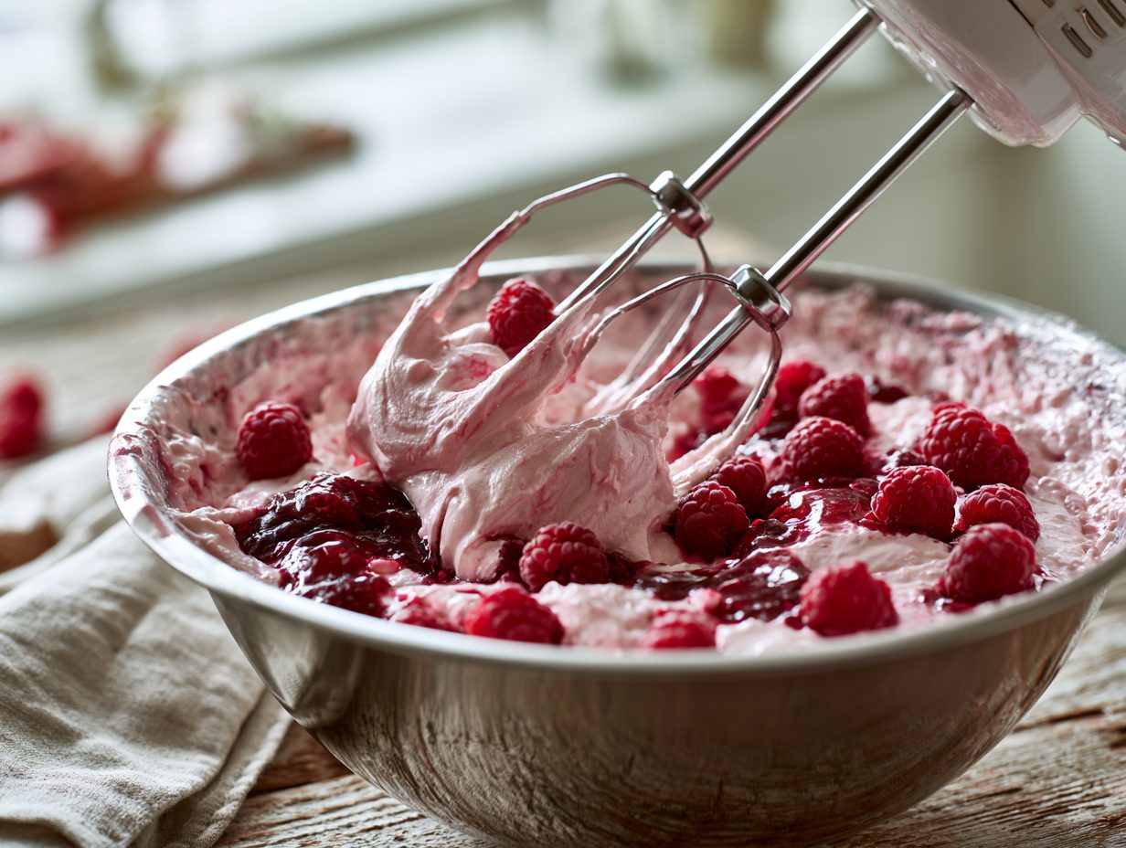 Schritt 4: Mit Quark, Süßstoff und Himbeeren glatt mixen.