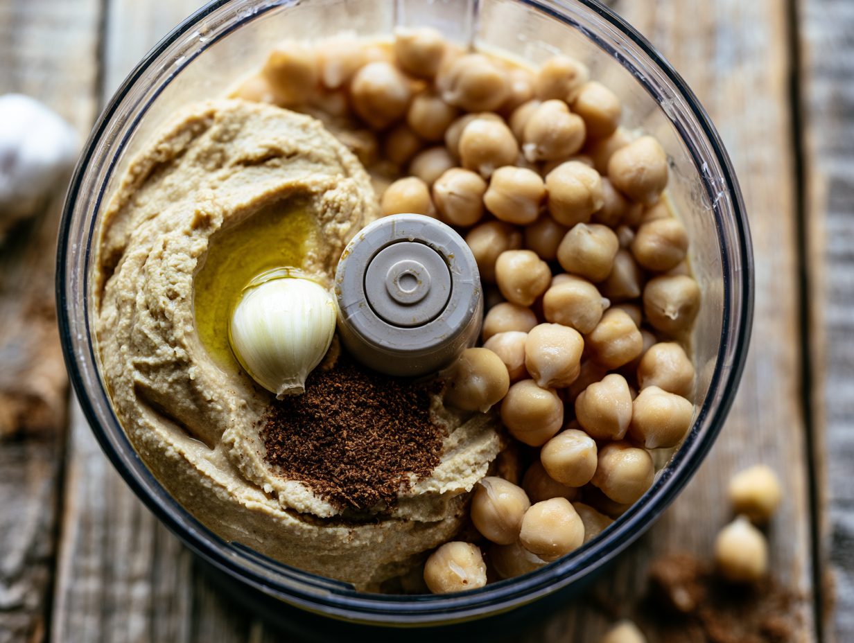 Schritt 2: Kichererbsen, Knoblauch und Gewürze zugeben.