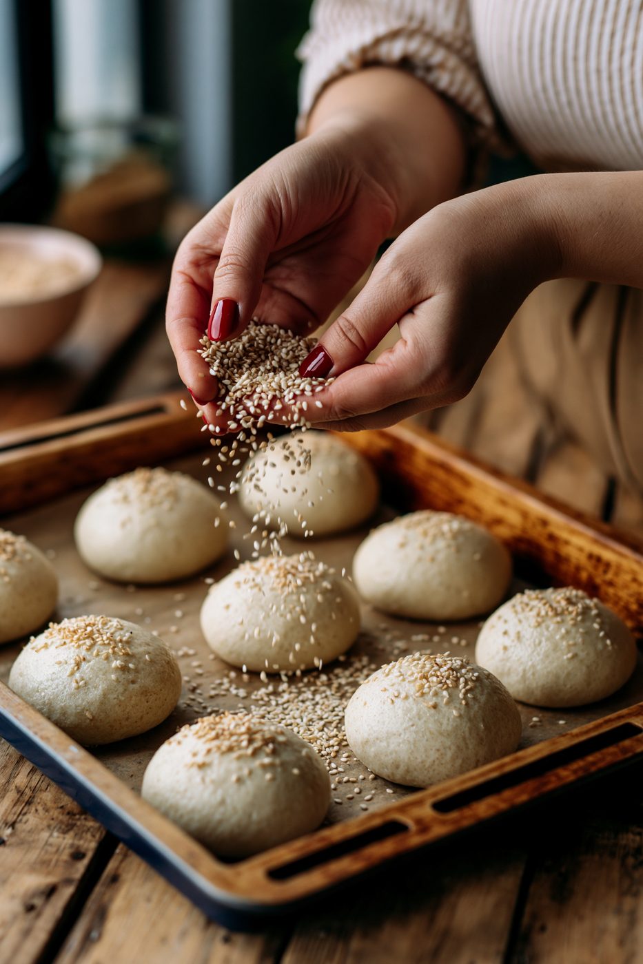 Schritt 4: Mit feuchten Händen 6 Brötchen formen und auf ein mit Backpapier belegtes Blech setzen.