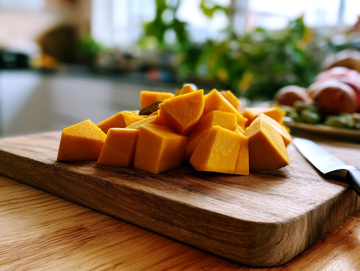 Schritt 1: Kürbis würfeln (Hokkaido ungeschält).