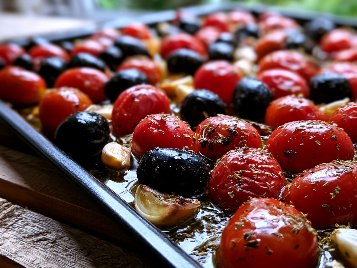 Schritt 1: Tomaten und Oliven aufs Blech geben und würzen.