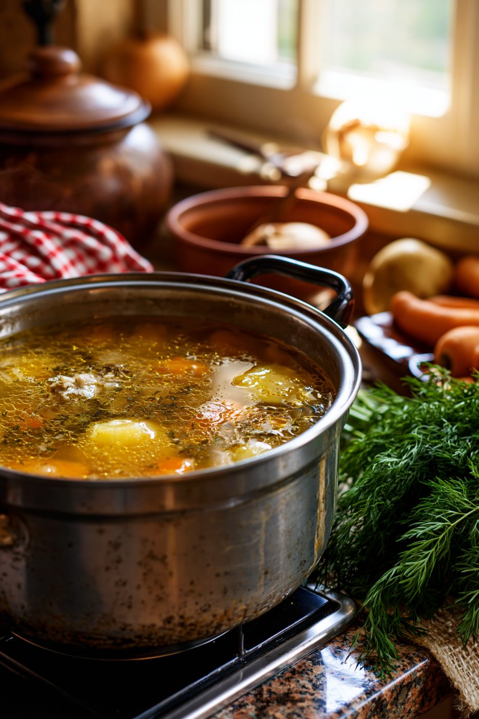 Schritt 2: Hähnchenteile mit kaltem Wasser bedecken und aufkochen. Den Schaum sorgfältig abschöpfen, bis die Brühe klar ist.