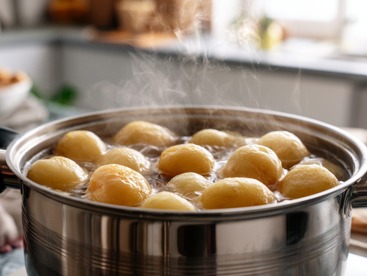 Schritt 1: Kartoffeln halbieren und in Salzwasser garen.